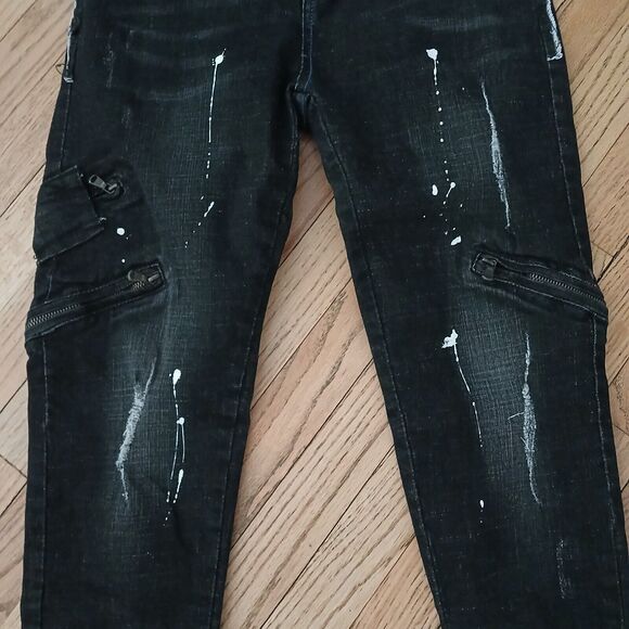 Men's Black Stretch Denim Jeans Zip Pockets Painted Drip Splash Hip Hop 30Wx28L - Picture 3 of 7